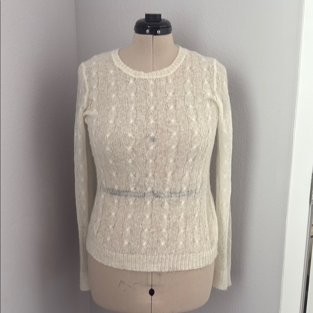 Ann Taylor Cream Cable Knit Crew Neck Sweater